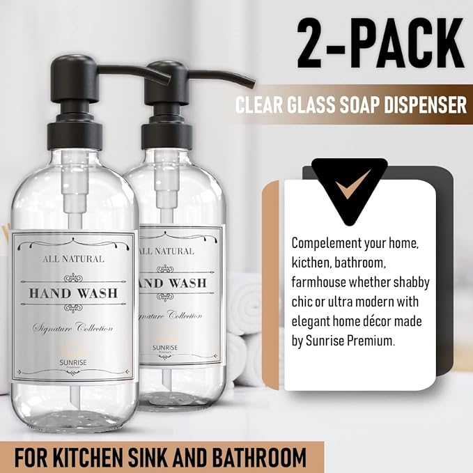 Sunrise Premium 2 Pack Clear Glass Soap Dispenser 16 OZ - Image 4
