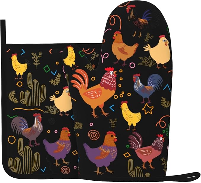 Chicken Silicone Oven Mitts Pan Mats Set of 2, Heat Resistant Gloves Potholder by Cayiibe