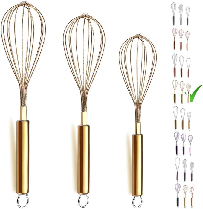 Berglander Gold Whisk Pack of 3 Stainless Steel 8", Titianium Plating Whisks by Berglander