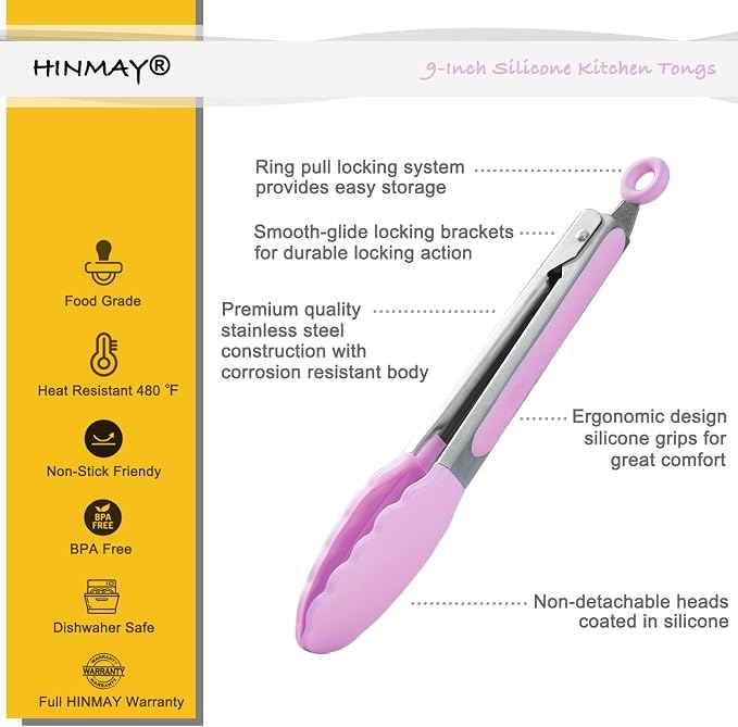 HINMAY Serving Tongs with Silicone Tips 9 Inches Stainless Steel Food Tongs - Image 2