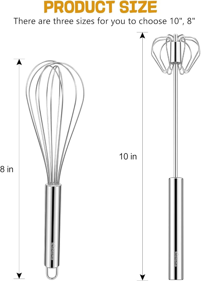 NileHome Stainless Steel Whisk 8" Hand Blender + 10" Semi-Automatic Rotary - Image 2