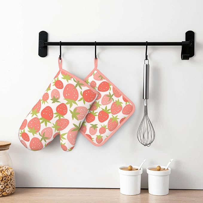 Strawberry Silicone Oven Mitts Pan Mats Set of 2, Heat Resistant Gloves - Image 6