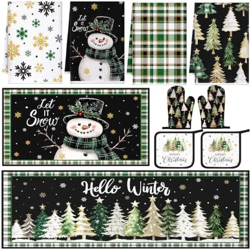 Fourluoo 10 Pcs Christmas Kitchen Decor Set Green Christmas Tree Rugs