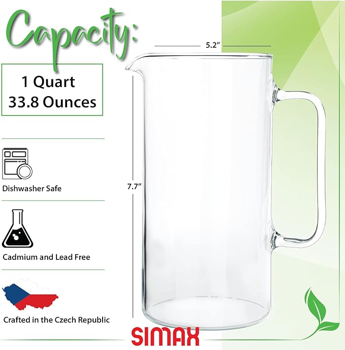 Simax Glass Pitcher, 32 Ounce Borosilicate Glass, Hot and Cold Safe Iced Tea - Image 2