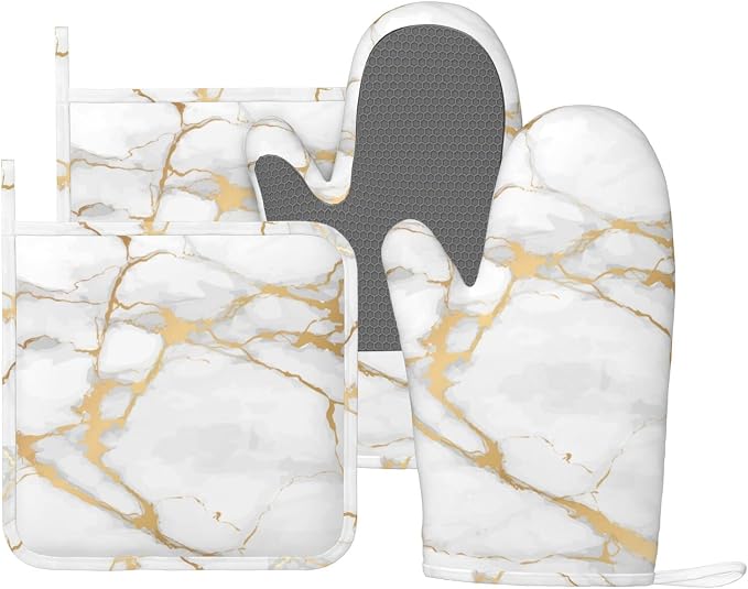 Oven Mitts and Pot Holders Marble White Gold Silicone Kitchen Accessories Set by DADABULIU