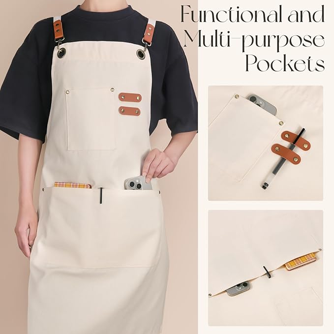 Chef Aprons for Men Women with Large Pockets, Cotton Canvas Water Repellent - Image 4