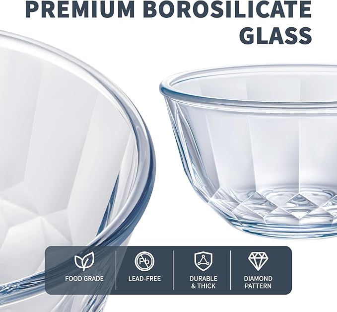 Luvan Glass Mixing Bowls with Lids Set of 5, Large Salad Bowl with Diamond - Image 2