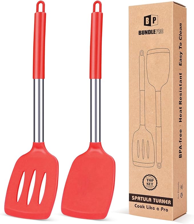 Pack of 2 Silicone Solid Turner, Non Stick Slotted Kitchen Spatulas, High Heat by BUNDLEPRO