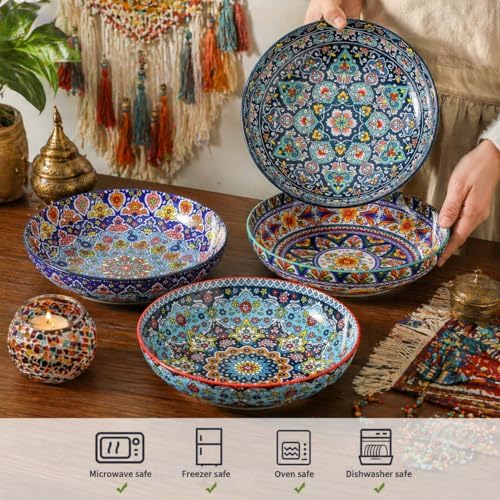 glowworm Pasta Bowls Set of 4, 42 oz Ceramic Serving Bowls for Daily