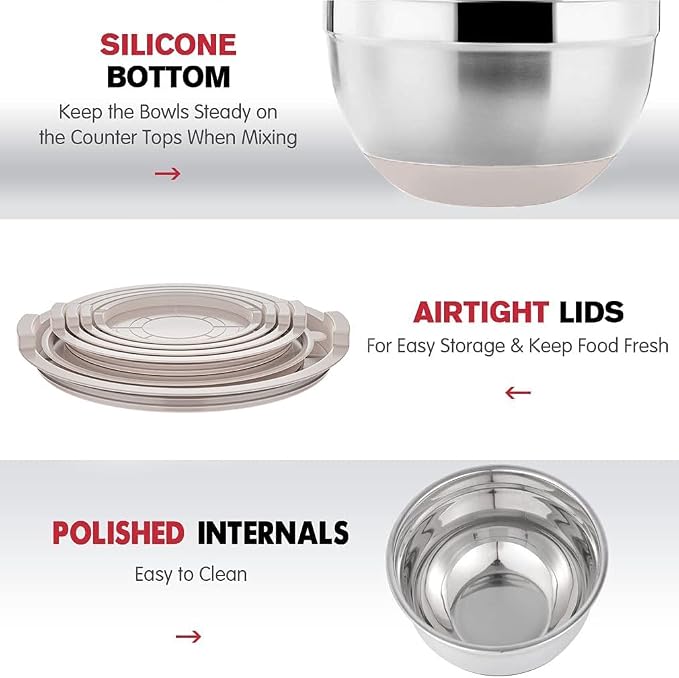 Rottay Mixing Bowls Set with Airtight Lids: 20PCS Stainless Steel Nesting Bowls - Image 2
