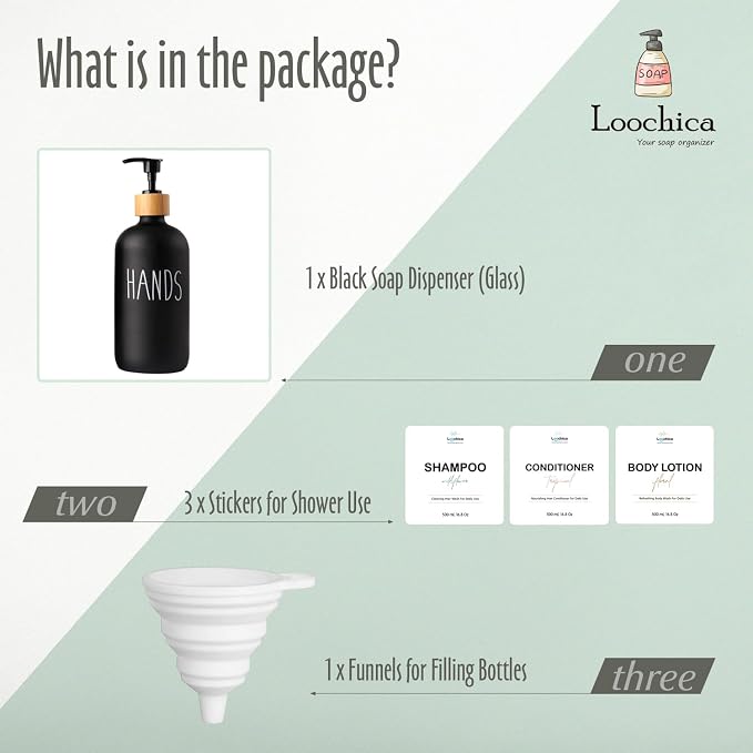 LOOCHICA Black Glass Kitchen Soap Dispenser, Detergent Dispenser or Hands Soap - Image 2