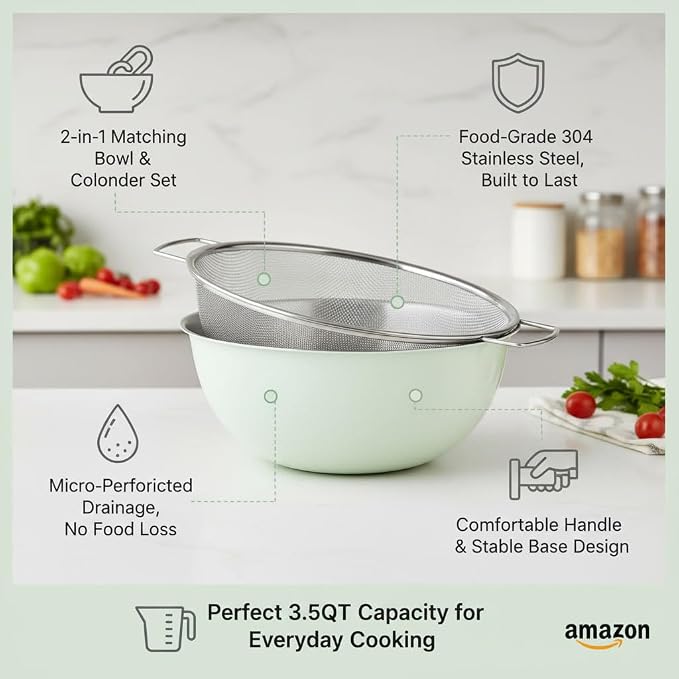 304 Stainless Steel Kitchen Colander Set, 3.5QT Colander - Image 7