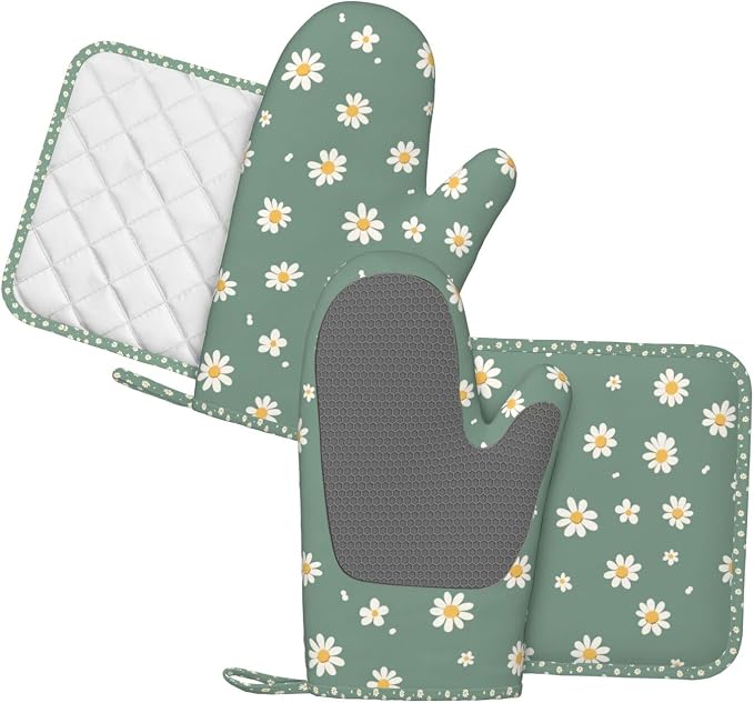 Oven Mitts and Pot Holders Daisy Flower Green Silicone Kitchen Accessories Set - Image 2