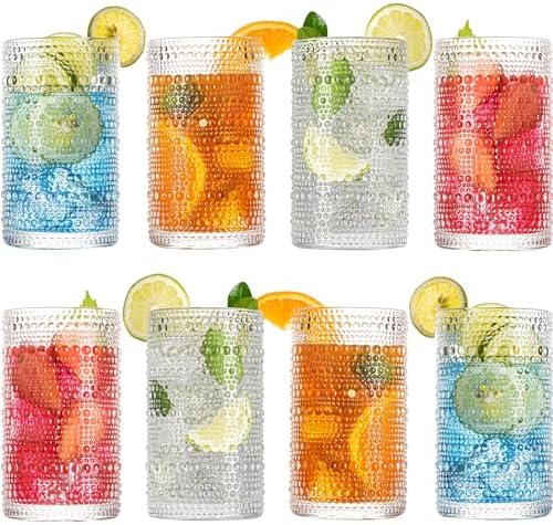 Drinking Glasses, 8 pcs Embossed Designed Glass Cups, 12oz Highball