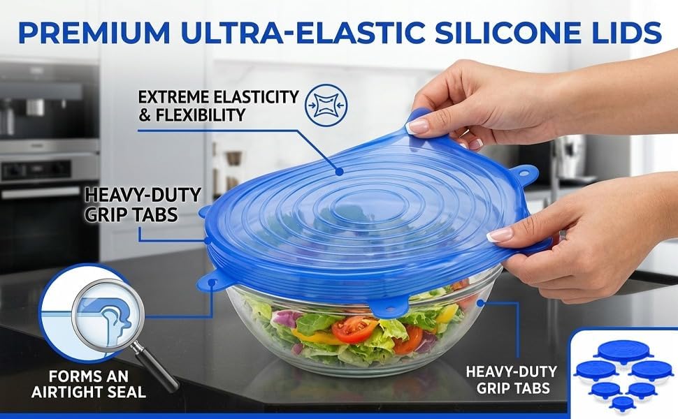 Silicone Food Storage Lids, Blue, Pack of 6