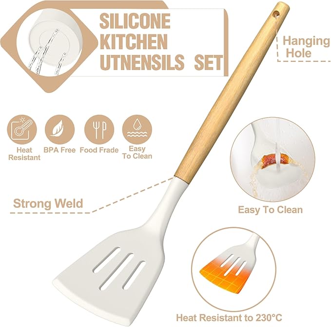 Umite Chef Silicone Kitchen Utensil Set, Cream White Wood Handles - Image 8