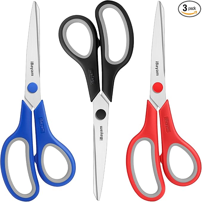 Scissors, iBayam 8" All Purpose Scissors Bulk 3-Pack, Ultra Sharp 2.5mm Thick by iBayamDirect