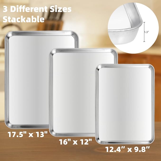 Baking Sheet Set of 3, Heavy-Duty Stainless-Steel Baking Pans, Cookie Sheets - Image 2