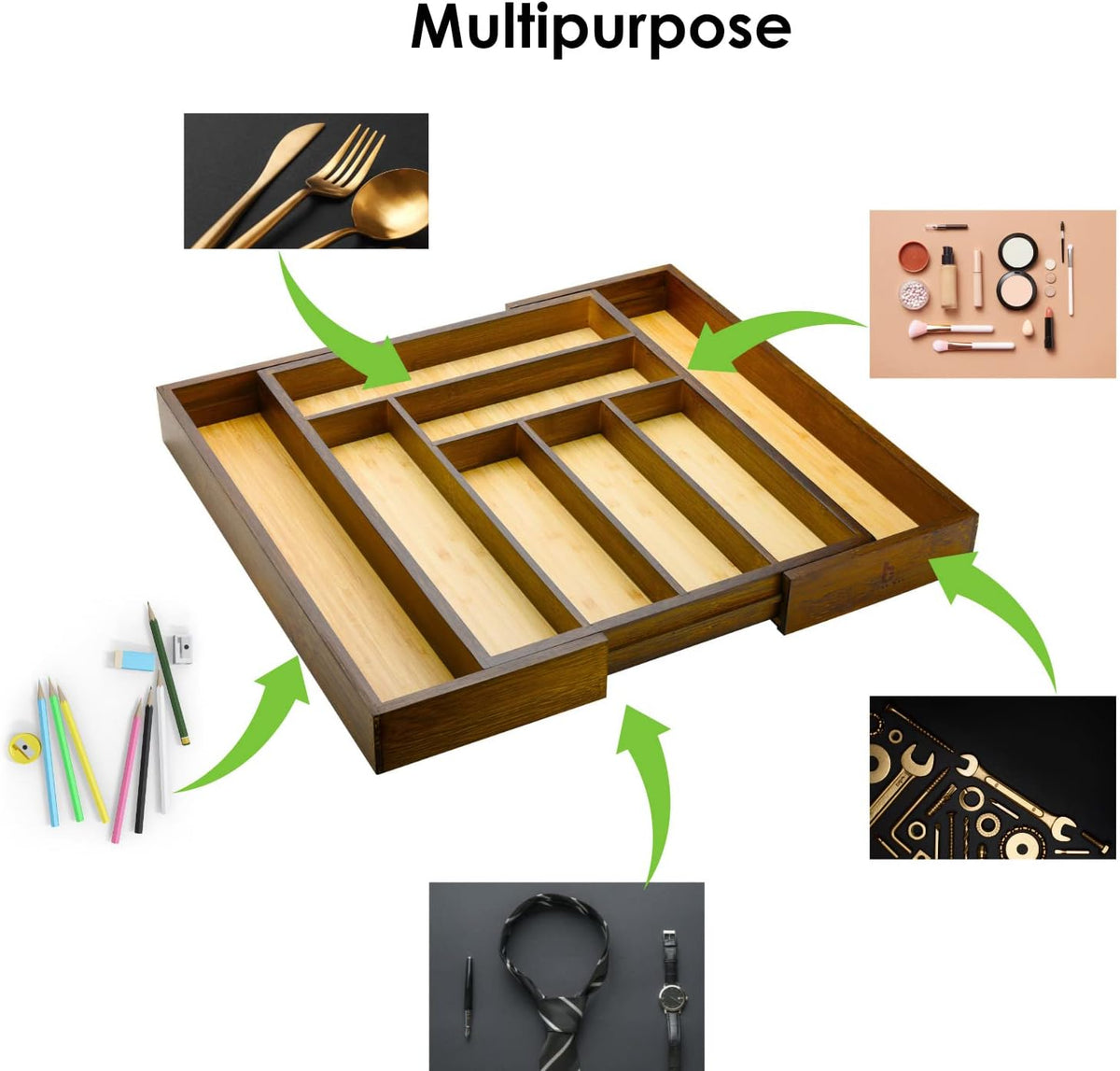 Bamboo drawer organizer, utensil holder, silverware organizer, and