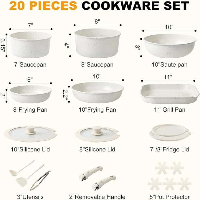 Pots and Pans Set Non Stick 20PCS, Ceramic Cookware Set Detachable Handle Non - Image 8