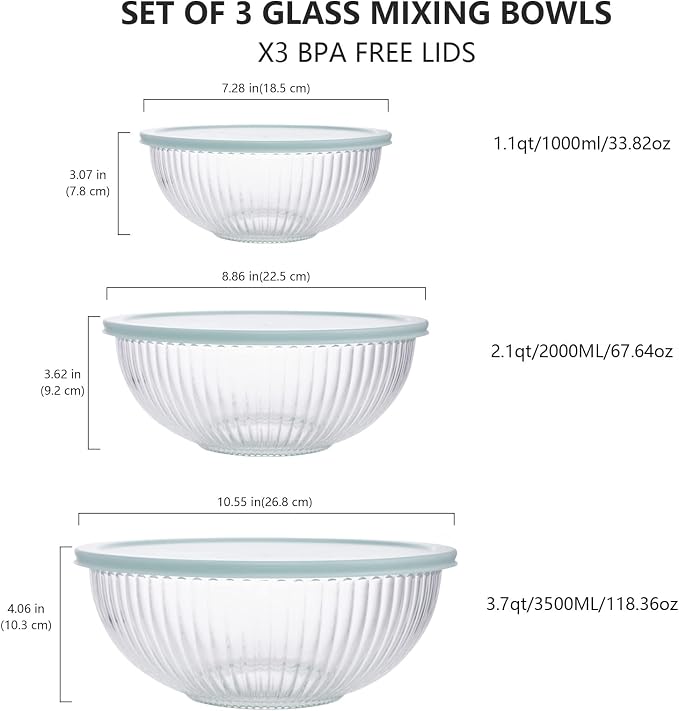 Luvan Glass Mixing Bowls with Lids Set, Large Salad Bowls Sets with lids - Image 2