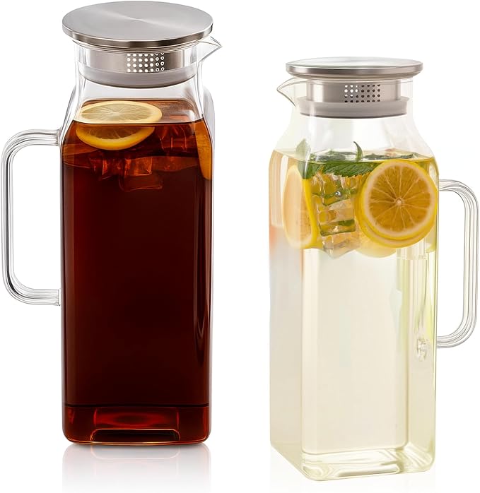 Hannadepot Glass Pitcher, 2 Pack 2L/68oz Glass Water Pitcher by Hannadepot