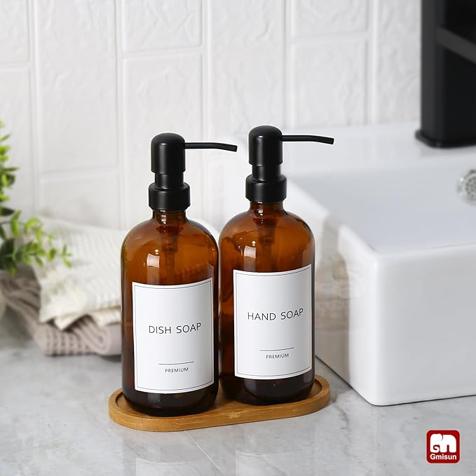 GMISUN Amber Glass Soap Dispenser, 2 Pack Bathroom Hand Soap Dispensers - Image 4