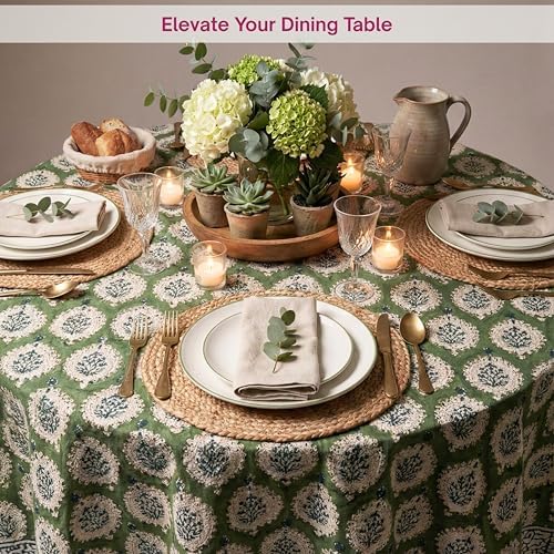 ATOSII Cotton Blockprint Round Tablecloth, Kari Green, 90 Inches