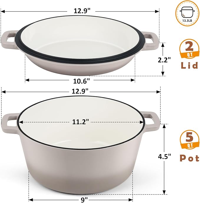 TeamFar 5 Quart Dutch Oven, 2 In 1 Enameled Cast Iron Dutch Oven Pot Cookware - Image 2