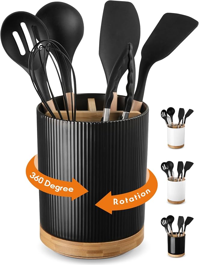 LoeJan 3 Compartment Utensil Holder, Extra Large Utensil Crock, Stable Ceramic by LoeJan