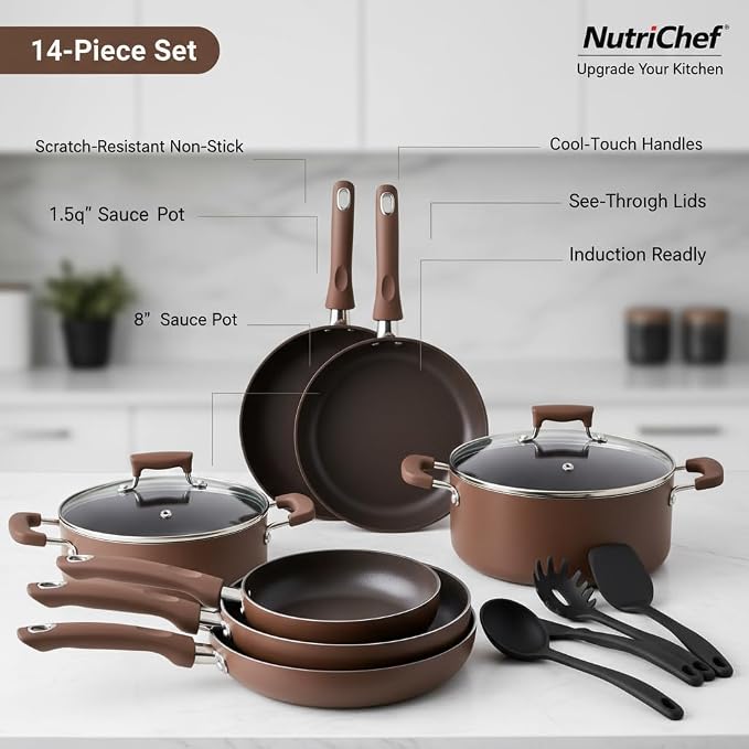 NutriChef 14-Piece Nonstick Brown Cookware Set - Image 5