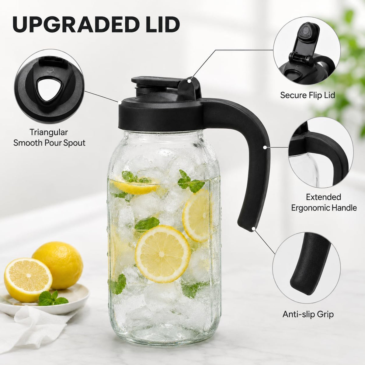 New Updated Glass Pitchers with Lid, Handle lengthened and thickened