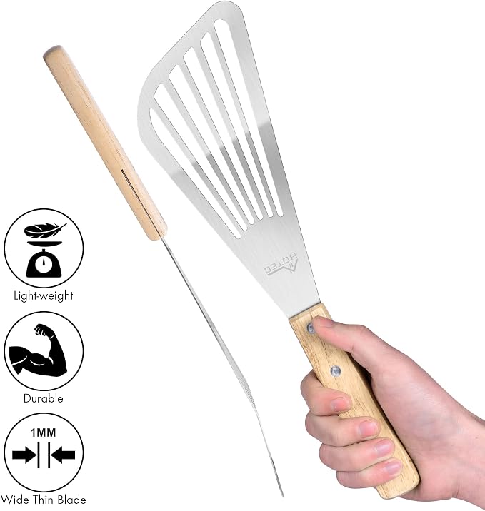 HOTEC 2pcs Stainless Steel Wooden Handle Fish Spatula, Metal Spatula Flipping - Image 4