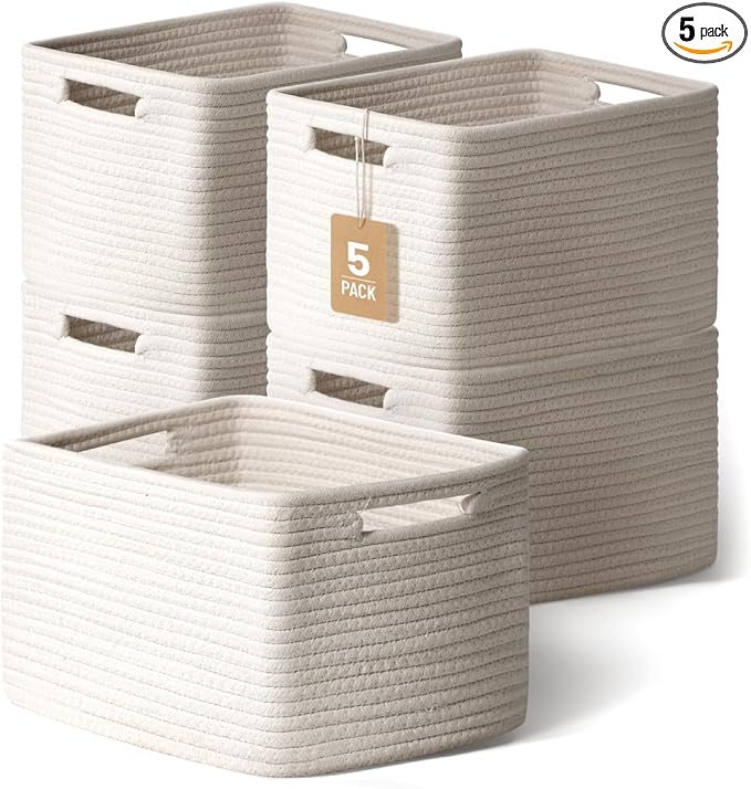 5 Pack White Woven Storage Baskets by YILOBI