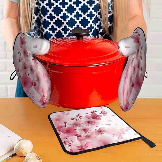 LOKMU Oven Mitts and Pot Holders Set of 3, Watercolor Pink Cherry Blossoms - Image 6
