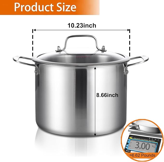 DELARLO Tri-Ply Stainless Steel Soup Pot 12QT, Tri-ply Big Pots - Image 2
