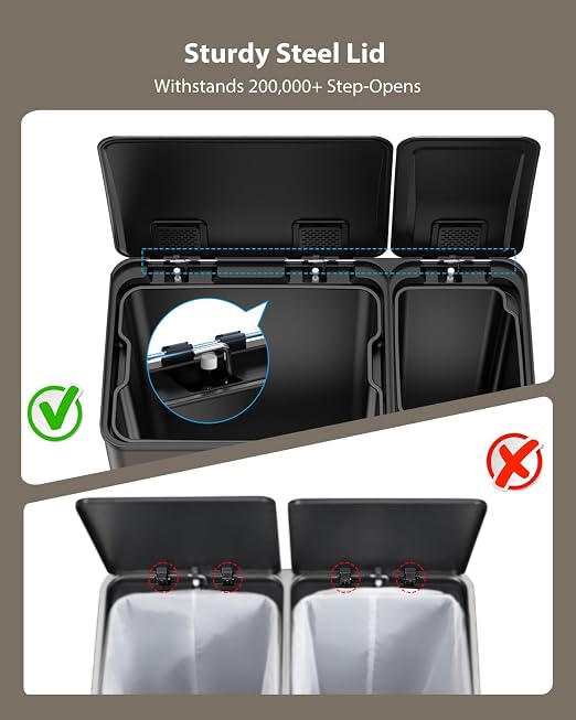 Dual Trash and Recycling Bins for Kitchen, 13.2 + 5.2 Gal Stainless Steel Trash - Image 7