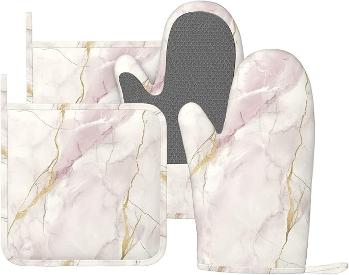 Oven Mitts and Pot Holders Light Pink White Marble Silicone Kitchen Accessories by DADABULIU