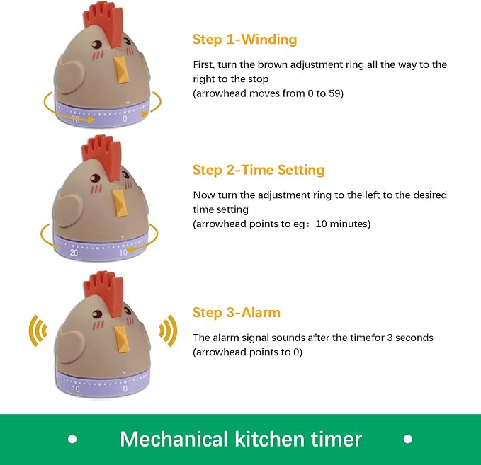 Mechanical Kitchen Timer, Cute Wind Up 60-Minute Manual Countdown - Image 3