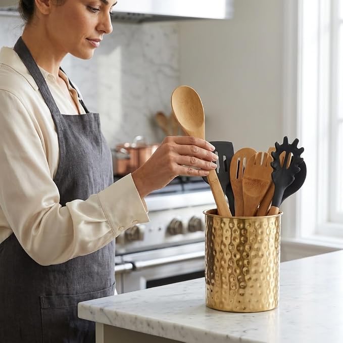 Monarch Abode Kitchen Utensil Holder – Hand Hammered Metal Brushed Gold Utensil - Image 4