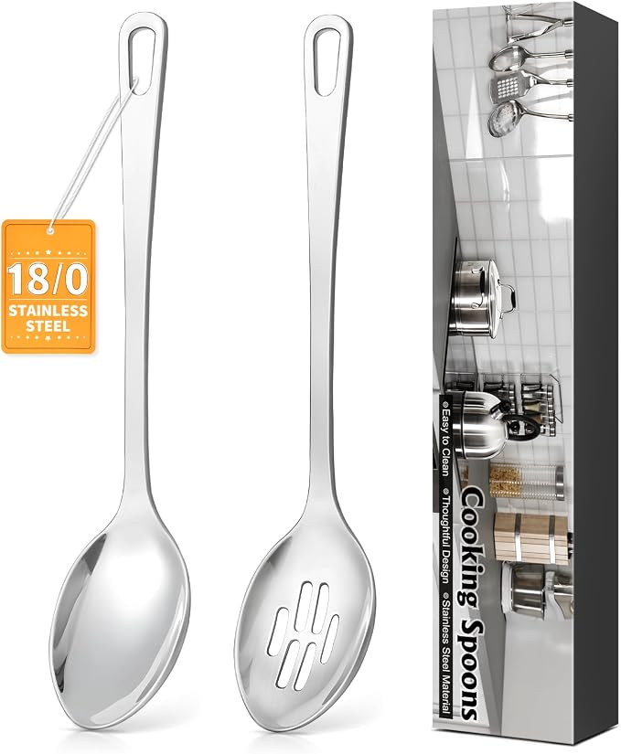 2 Pcs Stainless Steel Cooking Spoons Set, Solid & Slotted Metal Serving Spoons by Unknown
