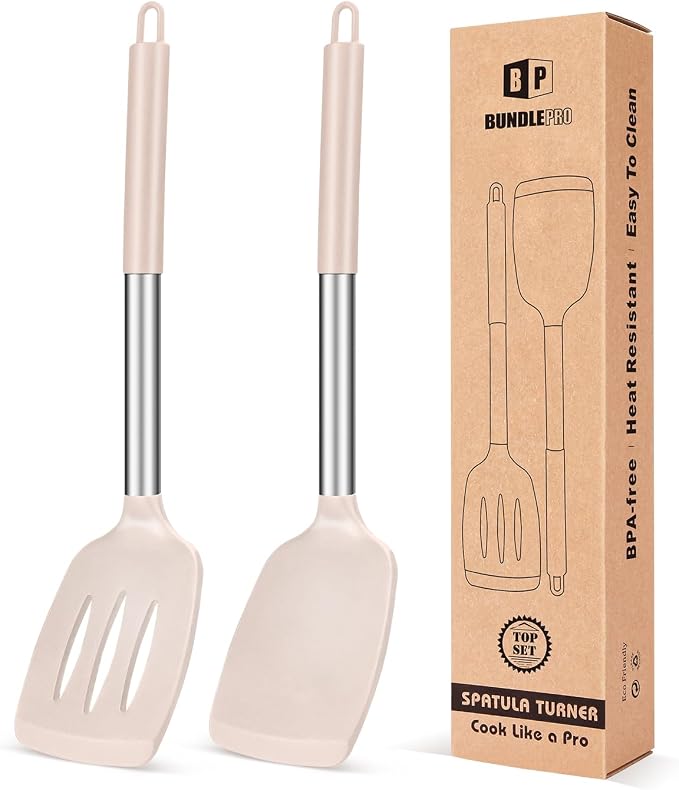Pack of 2 Silicone Solid Turner, Non Stick Slotted Kitchen Spatulas, High Heat by BUNDLEPRO