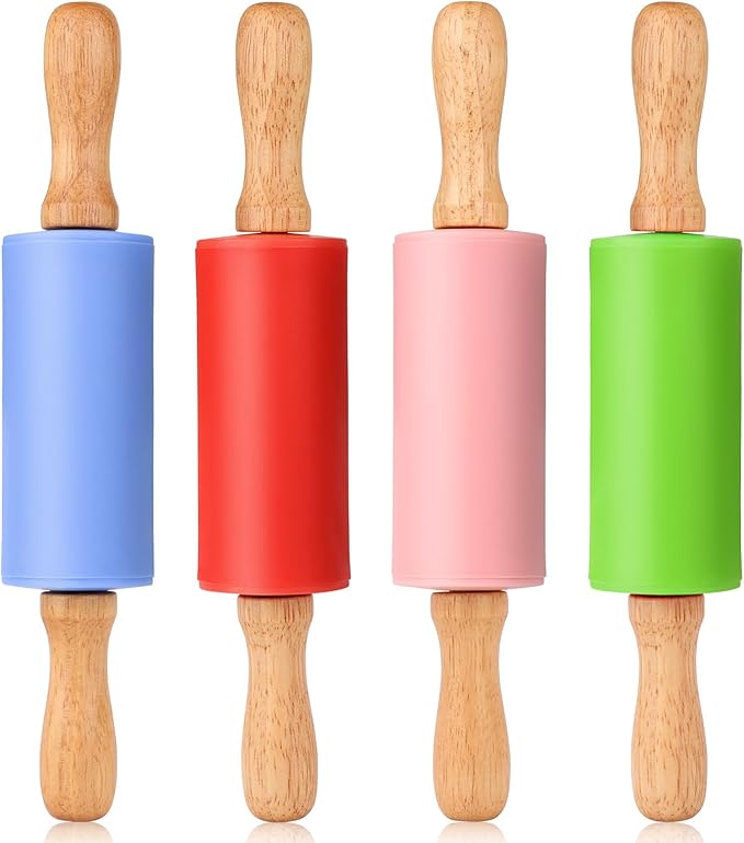 Mini Silicone Rolling Pin for Kids, Non-stick Surface Wood Handle, 9 Inch 4 Pack by Honglida