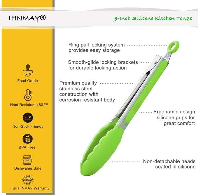 HINMAY Silicone Tongs 9-Inch Stainless Steel Locking Kitchen Tongs - Image 2