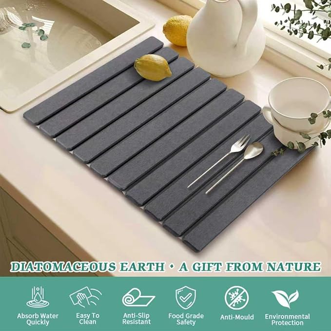 Stone Dish Drying Mat for Kitchen Counter, Absorbent Diatomaceous Earth Bath - Image 4