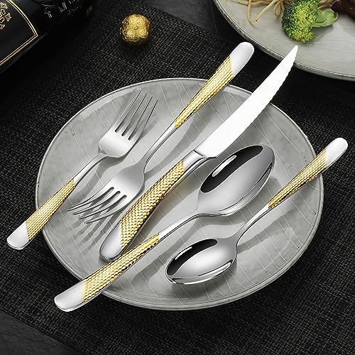 Lemeya 20-Piece Hammered Silver Gold Silverware Set for 4,18/10