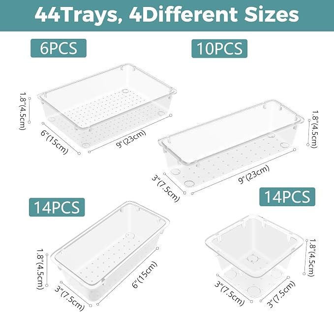 WOWBOX 44 PCS Clear Plastic Drawer Organizer Set, 5 Varied Size storage Bins - Image 3