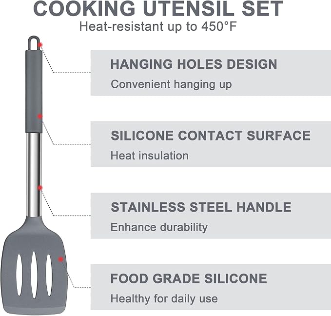 E-far Silicone Cooking Utensils Set, Slotted Turner, Soup Ladle, Pasta Server - Image 5