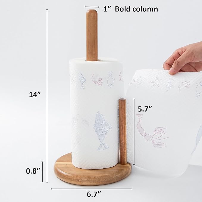 14" Acacia Wooden Paper Towel Holder, 6.7" Large Heavy Base Wooden Kitchen - Image 2