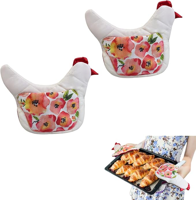 Farmhouse Chicken Oven Mitts Set of 2, Heat Resistant Quilted Pot Holders by rainbow